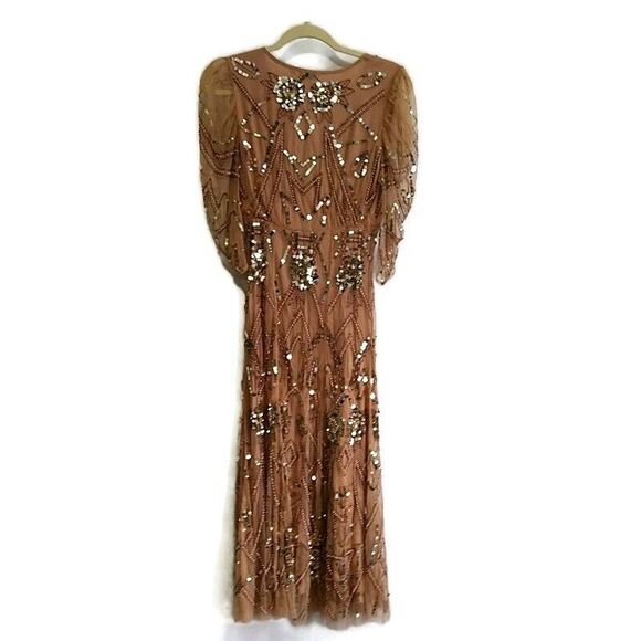Anthropologie Let Me Be Womens sz S Dress Tan Chiffon Sheer Slv Beaded Sequin - Picture 2 of 4